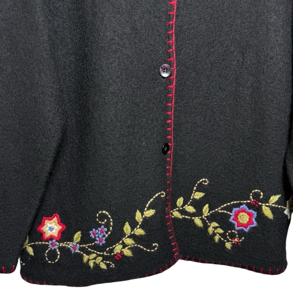Vintage Floral Embroidered Boiled Wool Cardigan Sweater Jacket Size Large Black - Picture 3 of 8